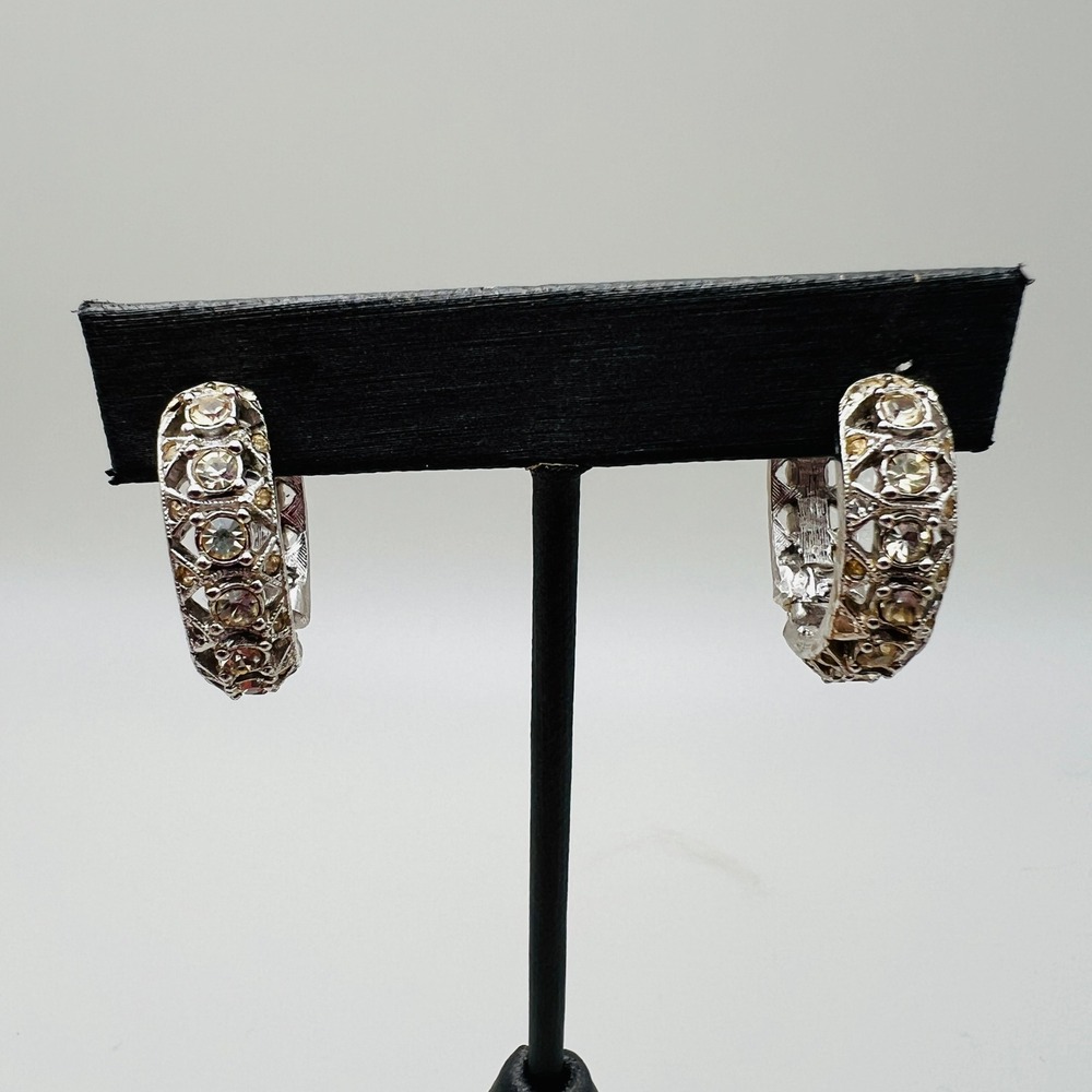 Napier Hoop Earrings Silver Tone Rhinestone Huggie‎ Sparkle Vintage Classic